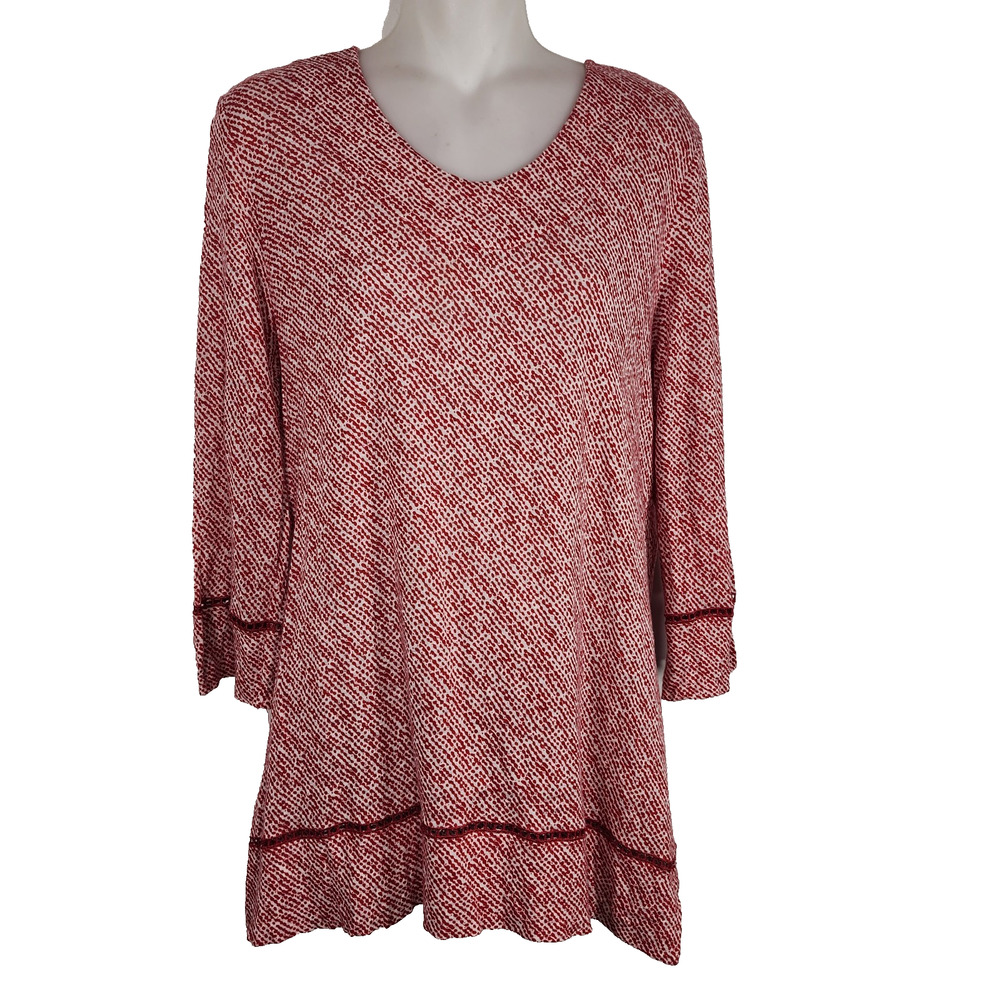 Pendleton Women Tunic Top Size L Petite Red White Linen Cutout Ladder Trim Print